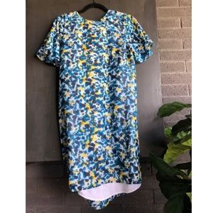 Blue, white, yellow pattern dress.